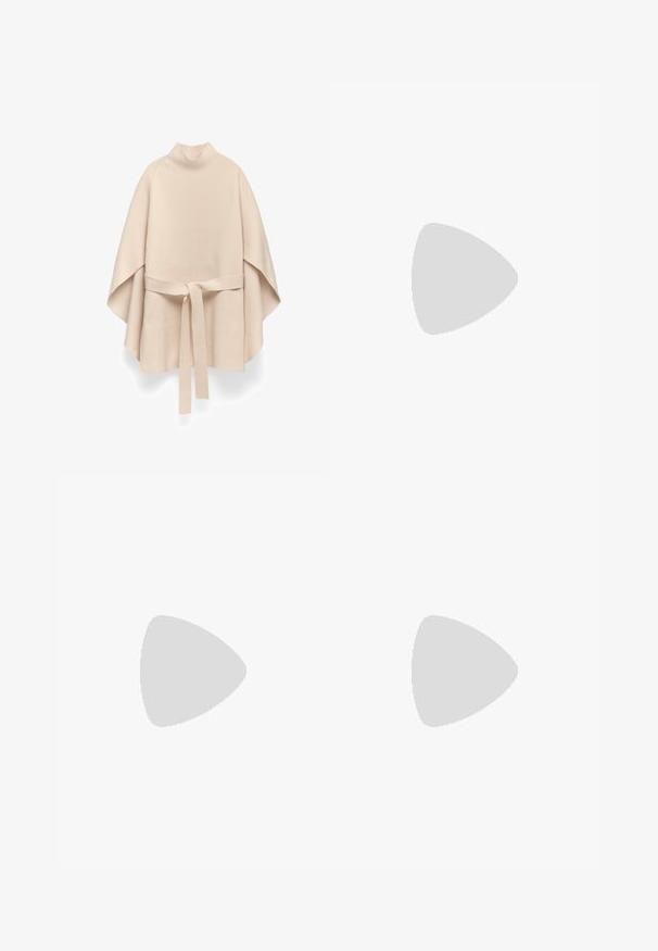 Beige gestrickter Poncho mit hohem Kragen und passendem Gürtel, der in der Taille gebunden ist. Mit weiten, fließenden Ärmeln und einer glatten Textur.; Zwei ärmellose, gerippte Rollkragenoberteile in Schwarz und Weiß, mit einer figurbetonten Passform und glatter Textur sowie einer cropped Länge.; Schwarze weite Hosen aus leichtem Stoff, mit einem Knopfverschluss vorne und flachem Bund, mit sorgfältig genähten Säumen.; Sportschuhe mit einem Obermaterial aus weißem Leder, grauer Wildleder-Zehenkappe und drei schwarzen Streifen. Sie verfügen über ein blaues Logo auf der Zunge und eine strukturierte Gummisohle.