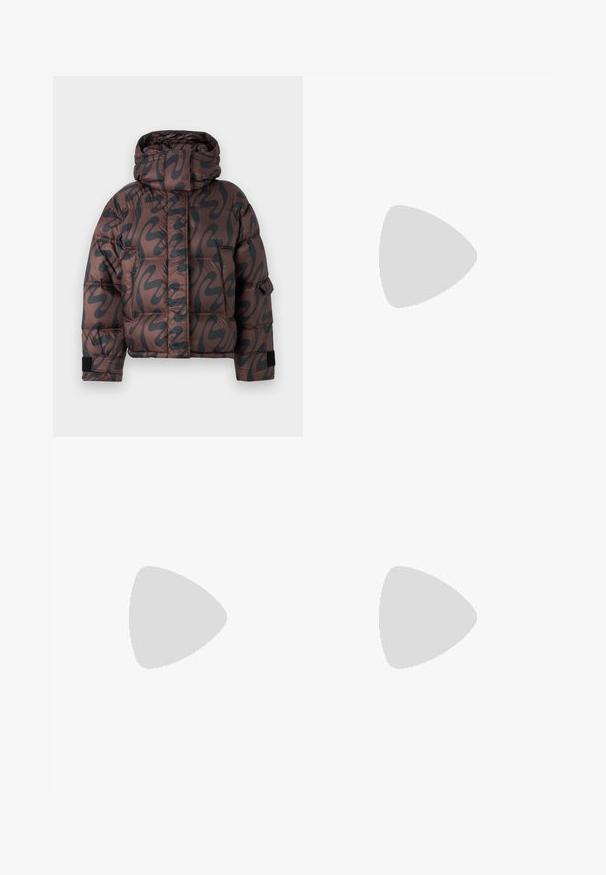 Puffer jacket in brown with black abstract pattern, featuring a high collar, quilted design, and contrasting black cuffs.; Black cotton t-shirt with short sleeves, round neckline, and a relaxed fit. No visible patterns or hardware details. Smooth texture.; Light blue denim shorts with a high waist, featuring a frayed hem, two front pockets, and a classic five-pocket design.; Black leather ballet flat with a rounded toe, smooth texture, minimal stitching detail, and a flexible sole design.