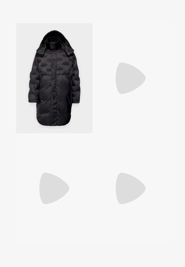 Geacă puf din negru cu glugă, cu un guler înalt, design cu matlasare, două buzunare laterale și o textură netedă. Închidere cu fermoar și capse.; Tricou negru din bumbac cu guler rotund, mâneci scurte și logo-ul "EMPORIO ARMANI" în alb deasupra cuvântului "Milano" într-un design curbat.; Jeans din denim de culoare albastru închis, cu o croială slim, prezentând stropi de vopsea, cusături vizibile și un design standard cu cinci buzunare. Croială dreaptă a piciorului.; Sneaker alb cu accente din suede, vârf rotund, șireturi plate și o talpă din cauciuc crem. Are un logo verde pe călcâie.; Ochelari de soare negri rotunzi cu lentile întunecate și brațe metalice subțiri. Include vârfuri transparente pentru brate și accente argintii la balama. Design minimalist.
