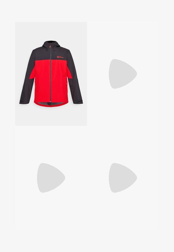 Rød og svart vanntett jakke med hette, med full frontglidelås, logo på brystet og kontrasterende paneldesign.; Nike Performance TEE NEW VENEER - T-skjorte til trening - football grey/pure/white; Svarte shorts laget av lett stoff, med elastisk midje og løs passform med sideslitser for økt bevegelighet.; Hvit løpesko med mesh-overdel, blå detaljer og en tykk dempet såle med en buet form for støtte og komfort.