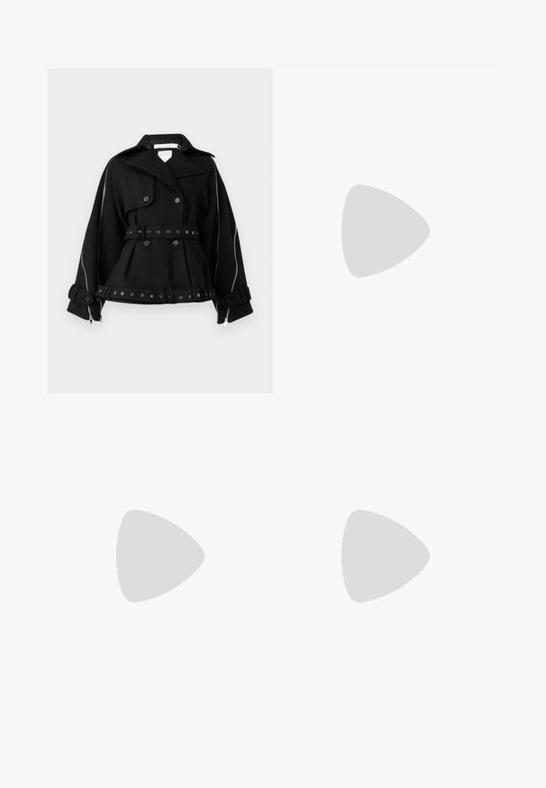 Sort uldfrakke med dobbeltbrystet design, belted liv og sølvfarvede hardware detaljer. Har store knapper og lynlåsdetailler på ærmerne.; Hvid bomulds T-shirt med rund halsudskæring og korte ærmer. Enkel design, glat tekstur, ingen mønstre eller detaljer.; Lyseblå jeans med høj talje, lige ben og falmet finish, parret med en beige oversized blazer og sorte spidse flade sko.; Sort atletisk sko med mesh-overdel og glatte overlays. Har buet spiralbøsningsdæmpning og strukturerede linjer på siden. Nike-logoet er synligt.; Sort læder håndtaske med hobo-form, der har en glat tekstur, rund top og guldfarvede detaljer.
