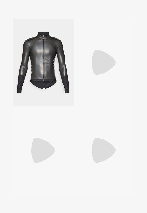 Casaco de ciclismo preto com mangas longas, design elegante, textura brilhante, gola alta, fecho de correr frontal completo e detalhes em tecido preto nas mangas.; Camisola atlética azul-claro de mangas curtas, com um padrão de chevron texturizado. Feita de tecido respirável, com design de gola redonda.; Calças de atletismo pretas com um cós elástico, pernas afuniladas e um pequeno logo branco da Nike na coxa esquerda. Tecido liso, sem padrões.; Sapatilha atlética preta e cinza com parte superior em malha, detalhes reflexivos e uma entressola branca. Apresenta uma sola de borracha texturizada e atacadores.