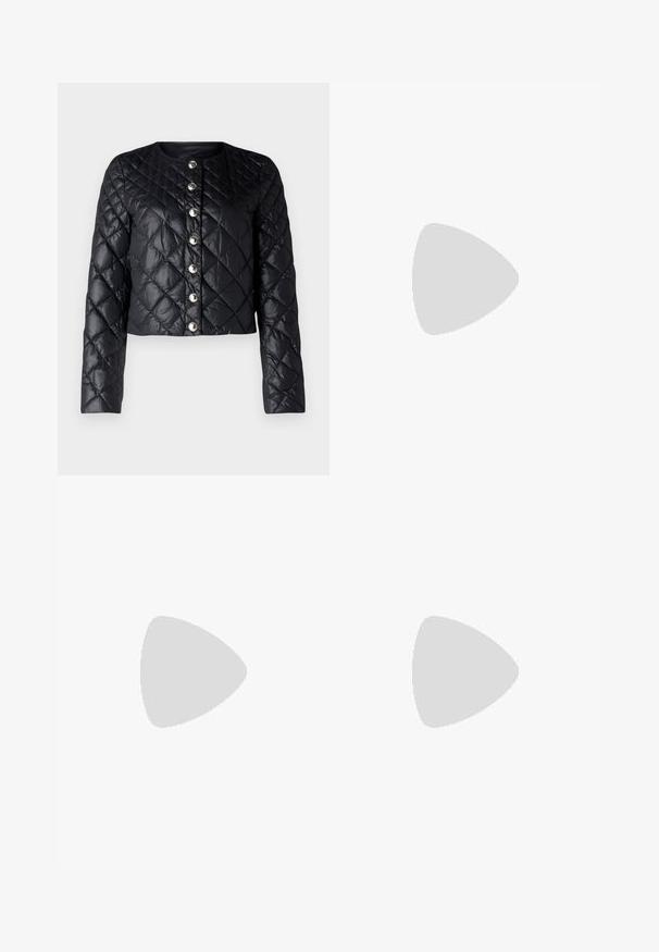 Čierna prešívaná bunda s okrúhlym výstrihom, predným zapínaním na gombíky a dlhými rukávmi. Má lesklú, hladkú textúru a kovové gombíky.; Čierne bavlnené tričko s krátkymi rukávmi, klasickým výstrihom a malým bielym logom "Calvin Klein" na hrudi. Hladká textúra, klasický strih.; Svetlomodré džínsy s vysokým pásom, širším strihom po celej dĺžke, dvoma bočnými vreckami a skladaným dizajnom. Mäkka textúra s vyblednutým vzhľadom.; Čierne kožené sandále na vysokom podpätku s štíhlym, zakriveným podpätkom a prekríženým pásikovým dizajnom. Nastaviteľný pásik okolo členka. Hladká textúra.