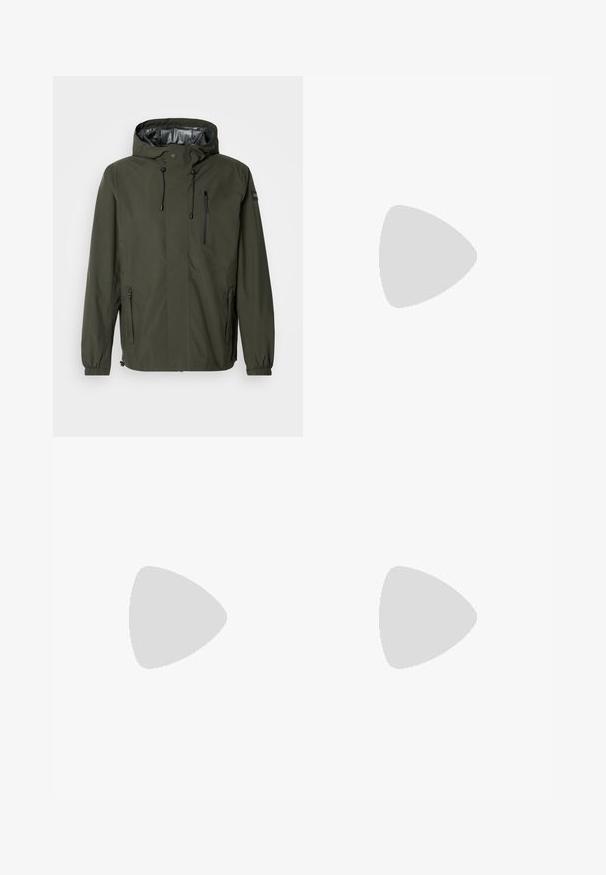 Green waterproof jacket with a hood, zippered chest pocket, adjustable drawstrings, elastic cuffs, and smooth inner lining.; Long-sleeve light gray polo shirt made of soft fabric, featuring a three-button placket and ribbed cuffs, with a classic collar design.; Black tailored trousers made of smooth fabric, featuring a flat front, button closure, and tapered legs with no visible embellishments.; Black leather lace-up shoe with a rounded toe, smooth texture, minimal stitching, and a low rubber heel. Logo on the heel.