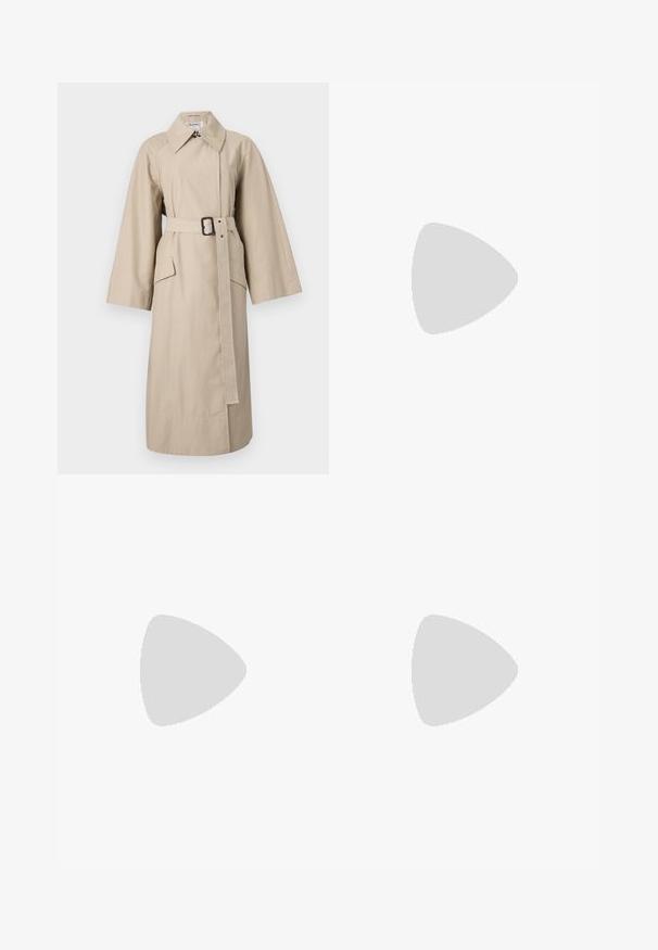 Beige trench coat with a large collar, wide sleeves, belted waist, and side pockets. Made from textured fabric, featuring a clean, minimalist design.; Samsøe Samsøe CELESTE - Jumper - black oyster; Wide-leg trousers in dark gray fabric, featuring a high waist, single pleats, and a smooth texture with a clean finish at the hems.; Black leather oxford shoe with lace-up design, rounded toe, flat rubber sole, and subtle stitching detail along the upper.
