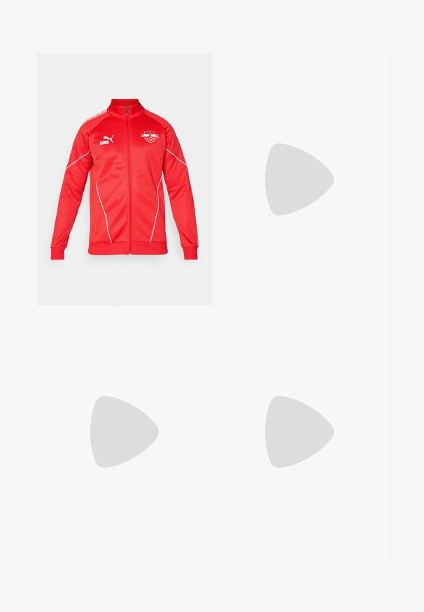 Chaqueta deportiva roja con un collar alto, cremallera completa y detalles en blanco. Presenta logotipos en el pecho y el hombro. Hecha de un tejido suave.; Camisa de fútbol de manga corta en azul claro con detalles en azul marino oscuro, que presenta un patrón texturizado, escote redondo y logotipos en el pecho y las mangas.; Pantalones deportivos negros hechos de tejido ligero. Cuenta con una cinturilla elástica, bolsillos laterales y logotipos en gris a cada lado.; Botín de fútbol negro con un upper sintético texturizado, acentos plateados y diseño de cordones. Presenta una suela moldeada con tachones visibles para tracción.