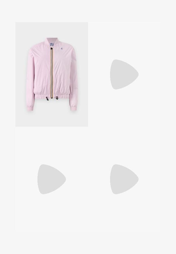 Light pink bomber jacket with elastic cuffs and hem, front zipper with multicolor stripes, and small logo on left chest.; Light purple cotton t-shirt with a crew neckline, short sleeves, and a subtle logo print on the chest. Slightly cropped design.; Light pink cargo shorts with an elastic waistband, featuring two side pockets, and a multicolored tag on the left side. Smooth texture.; White sneaker made of smooth synthetic material, featuring a rounded toe, lace-up design, flat sole, and subtle perforated detailing.