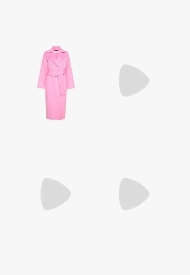InWear TILLA - Klasični plašč - cashmere rose; Bela kratka majica s kratkimi rokavi in okroglim izrezom. Ima nabran teksturo ob straneh in prilegajočo silhueto, izdelana iz mehke, raztegljive tkanine.; Bele široke hlače iz mehkega blaga. Imajo elastičen pas s vrvico in gladko teksturo. Brez vidnih vzorcev ali kovinskih delov.; Stradivarius Športni copati - white