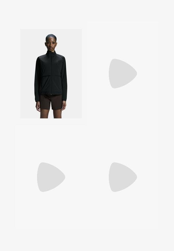 Black lightweight athletic jacket with a zip front, high collar, and long sleeves. Features a smooth texture and minimalistic design.; Black athletic tank top made of lightweight, breathable fabric. Features a round neckline and a subtle logo on the upper left side.; Black leggings with a high waist design, featuring a smooth texture and side pockets. Subtle reflective accents and a logo detail present.; Black athletic shoe featuring a sleek design, curved sole, and a textured upper with contrasting white accents on the side.