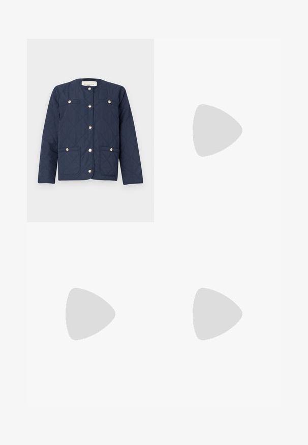 Navy quilted jacket with a round neckline, gold snap buttons, two front pockets, and decorative diamond stitching pattern.; White cotton t-shirt with short sleeves, round neckline, and pink/blue graphic print reading "Gant Sports Club 1949" on the chest.; Wide-leg denim pants in dark blue with a button waist closure, contrasting stitching, and a smooth texture. Tailored for a relaxed fit.; Black leather chelsea boot with a smooth texture, yellow inner lining, and black sole, featuring a loop tab for ease of wear.