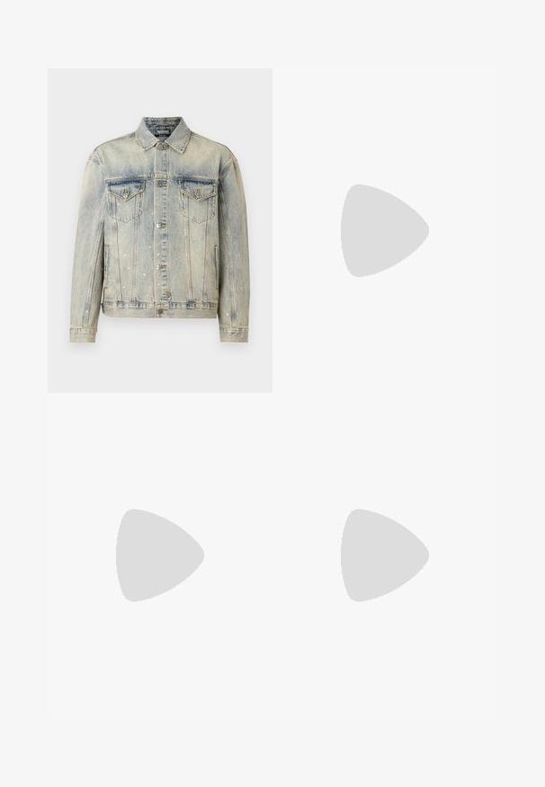 Light blue denim jacket featuring silver cross embellishments, two chest pockets, button closure, and a classic collar design.; White long-sleeve button-up shirt made of cotton, featuring a chest pocket with tonal embroidery, a collar, and button cuffs.; Brown, high-waisted trousers made of textured fabric. Features wide legs and two front pleats for structure. Neat finish with no visible hardware.; Black leather loafers with a smooth texture, rounded toe, and a decorative strap across the vamp. Low stacked heel, minimalist design.