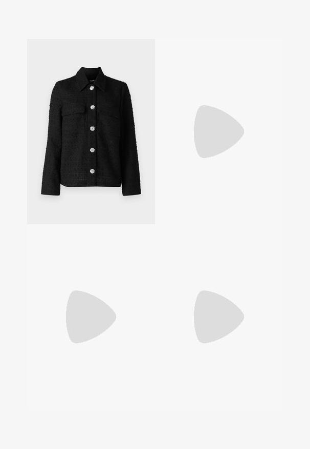 Jachetă neagră texturată cu guler, două buzunare frontale și șase butoane decorative în formă de floare, de culoare argintie, pe centru.; Tricou negru cu gât rotund, din bumbac, cu mâneci scurte și o croială lejeră. Textură netedă, fără modele sau accente vizibile.; Jeans de denim albastri cu croi larg, talie înaltă, buzunare frontale și un model de spălare subtil. Închidere cu un nasture și fermoar.; Sneaker albastru închis, cu un material texturat pe partea superioară, talpă platformă albă, vârf rotunjit și accent de călcâi negru. Dispune de șase găuri pentru șireturi.