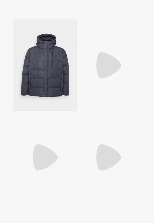 Polo Ralph Lauren Big & Tall Down jacket - dark grey; White cotton t-shirt with a relaxed fit, featuring a small black graphic logo on the left chest area. Short sleeves, crew neck style.; Beige cotton trousers with a straight-leg cut, featuring a button closure and pleats at the front for added detail.; White and light beige athletic sneaker, featuring a mesh upper, perforated detailing, and a textured midsole with branding on the heel.