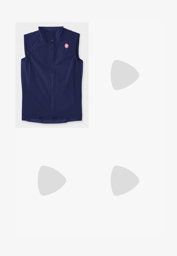 Vesta fără mâneci de culoare bleu marin, confecționată dintr-un material elastic, cu un fermoar frontal și un guler înalt; include un logo în partea superioară stângă.; Tricou sport negru din material elastic, cu textură perforată și decolteu rotunjit. Are un logo Nike alb pe piept.; Pantaloni atletici negri cu un elastic la talie, picioare conice și un mic logo alb Nike pe coapsa stângă. Material neted, fără modele.; Încălțăminte sport neagră și gri, cu partea superioară din plasă, accente reflectorizante și o talpă intermediară albă. Dispune de o talpă din cauciuc texturat și șireturi.