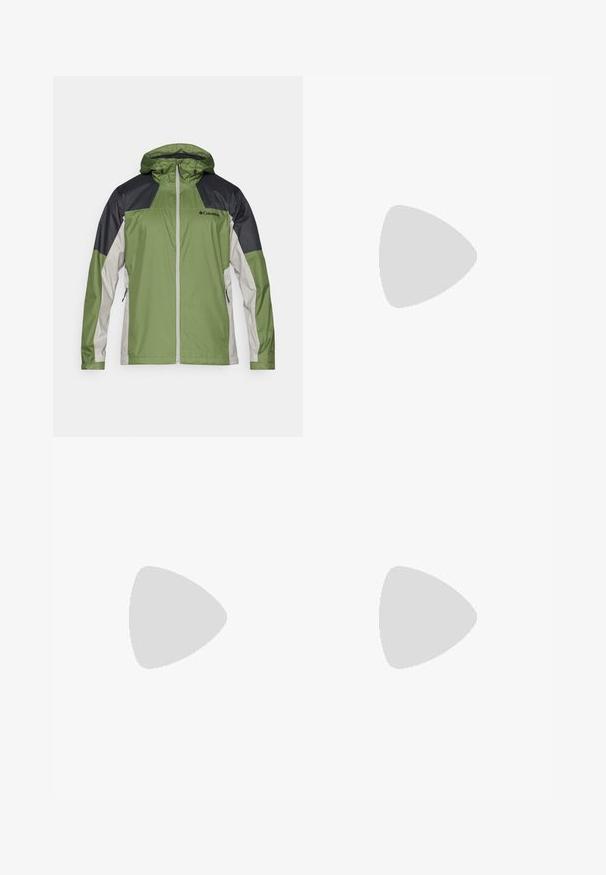 Zielona i czarna wodoodporna kurtka z kapturem, posiadająca zamek błyskawiczny z przodu, kieszenie boczne oraz kontrastujące szare akcenty.; Czarny t-shirt z krótkim rękawem, wykonany z lekkiego materiału. Posiada małe białe logo na lewej piersi oraz subtelne akcenty na ramionach.; Czarne spodenki sportowe wykonane z lekkiego materiału, z elastycznym pasem na sznurek, bocznymi kieszeniami i zwężanymi mankietami przy kostkach.; Czarne buty do biegania w terenie z teksturowaną cholewką, gumową podeszwą i wzmocnionym noskiem. Posiadają wyściełany kołnierz oraz uchwyt do łatwego zakładania.
