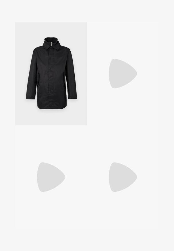Black waterproof coat with a collar, front snap closure, side pockets, and textured fabric. Simple design with a loose fit.; Black cotton T-shirt with a crew neck, short sleeves, and a white logo print on the left chest. Simple, solid color design.; White, tailored trousers with a flat front, two pleats, and rolled cuffs. Made of a smooth fabric with a button closure at the waist.; Beige suede sneaker with a low-top design, round toe, flat laces, and a textured rubber sole. Minimalist style with no visible logos.