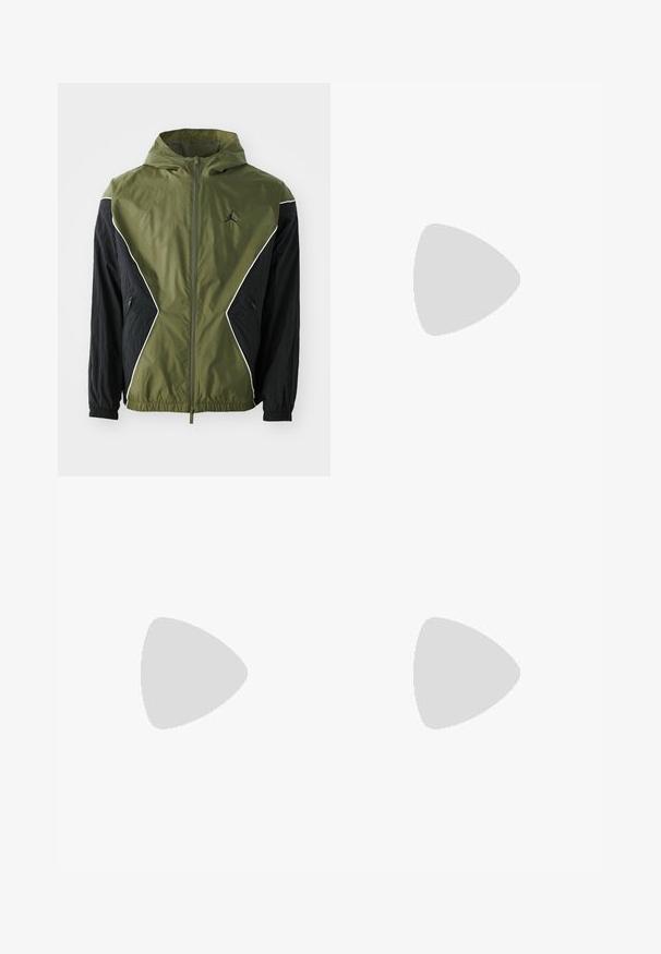 Zelena in črna vetrovka z zadrgo spredaj, kontrastnimi paneli in nastavljivo kapuco, ki ima logo in stranske žepe.; Siv dresni t-shirt iz mešanice bombaža s črnim Nike logotipom; na stranskem robu je majhna oznaka Nike; preprost dizajn, kratke rokave.; Bežne cargo hlače iz lahkega bombažnega materiala. Imajo elastične manšete, več stranskih žepov in gumbasto zapiranje.; Bela usnjena športna obutev s perforacijami, okroglo konico, ravnim podplatom in debelimi vezalkami, z vidnim logotipom smoosh in napisom "AIR" na peti.