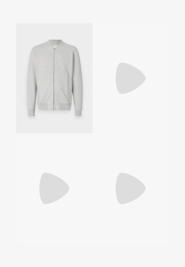 Grey zip-up sweatshirt with a round collar, long sleeves, ribbed cuffs, and hem. Made from soft fabric with a smooth texture.; Cream-colored ribbed sweater with long sleeves, round neckline, and a relaxed fit. Features frayed hem details and textured fabric.; Black trousers made of smooth fabric, featuring a straight-leg design, two front pleats, and standard waistband with belt loops.; Black leather loafers with a smooth finish, featuring a decorative strap and contrast stitching, paired with beige trousers.