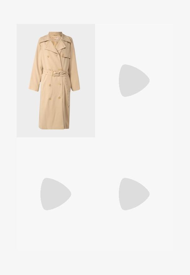 Trench-coat beige à double boutonnage avec une taille ceinturée, de grands revers, des poches latérales et un détail de boutons. Fabriqué en un tissu tissé lisse.; Chemise blanche à manches longues avec col, en coton. Présente un devant à boutons et une poche poitrine unique. Texture lisse, coupe décontractée.; Jupe bleu marine au design structuré, dotée d'une poche cargo sur le côté et d'un accent de ceinture en métal en forme de D. Fabriquée en tissu durable.; Bottes noires en cuir à talon carré et bout pointu, associées à un pantalon argenté brillant, mettant en valeur des textures épurées et des couleurs contrastées.