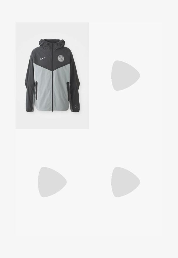 Nike Paris Saint-Germain jakke med hette, med en svart og lys grå fargepalett, glidelås foran, og logo på brystet.; Langermet, lys grå treningsskjorte med svarte skulderdetaljer, glidelås hals, Nike-logo og 'Bingx'-tekst på forsiden. Chelsea FC-emblem til stede.; Mørkegrønne Nike joggebukser med elastisk midje, justerbar snøring, sidelommer og Chelsea FC-logo på venstre lår.; Svart treningssko med teksturert overdel, hvit Nike-swoosh og hvit gummisåle. Har snøring og en dynamisk form.