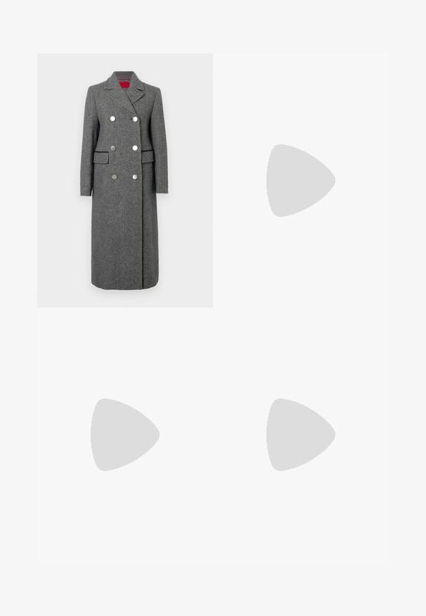 Grey wool blend coat with a tailored fit, double-breasted design, large silver buttons, and side pockets. Smooth texture with a classic collar.; Black long-sleeve turtleneck top made of smooth fabric, featuring a ruffled neck and fitted silhouette with simple edges.; Navy tailored trousers with a smooth texture, featuring a flat front, dual pleats, and belt loops. Straight-leg cut, finished hem.; Paul Smith TOPANGA - Ballet pumps - black