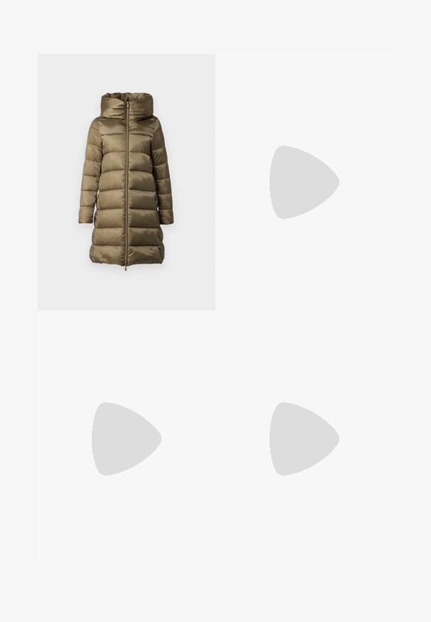 Puffer coat in olive green, featuring a high collar, front zip, and horizontal quilted design. Made from glossy, lightweight material.; Light beige short-sleeve cotton t-shirt with a round neckline and subtle front text detail. Smooth texture and relaxed fit.; Black high-waisted flared jeans made of denim, featuring a button closure, belt loops, and side pockets. Smooth texture with minimal fading.; Black leather loafers with a rounded toe, thick textured sole, and minimal stitching details. Sleek design with no visible laces or hardware.