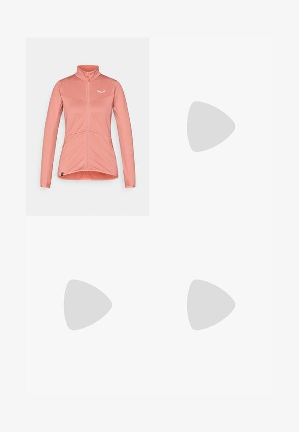 Dame zip-up jakke i myk rosa, med høy krage, teksturert stoff og kontrasterende oransje glidelåsdetaljer. To sidelommer inkludert.; Svart langermet T-skjorte laget av bomull med rund hals. Har en liten hvit logo på venstre brystområde. Enkelt design og passform.; Svarte nylon cargo-bukser med glidelås og justerbare mansjetter, flere lommer og en logo på høyre bein. Glatt, lett tekstur.; Beige og krem joggesko med teksturert mesh-overdel, støttende overlegg og gummisåle med et mønster for godt grep.