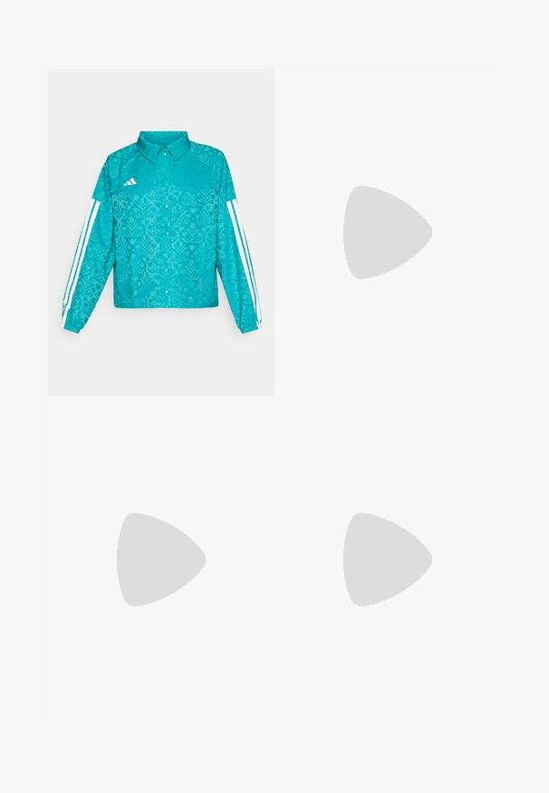 Teal Adidas jakke med blomsterprint, hvid tre-stripes design på ærmerne, trykknap foran og krave på ensfarvet baggrund.; Langærmet, cropped atletisk top med farverigt sommerfuglvingemønster og teal tre-stribes detaljering på ærmerne.; Højtaljede sorte træningsleggings med flade sømme, designet til en tætsiddende pasform og fleksibilitet.; Hvid atletisk sko med mesh-overdel, tre sorte striber på siden, strukturerede accenter og en robust gummisål med et kontrasterende sort område.