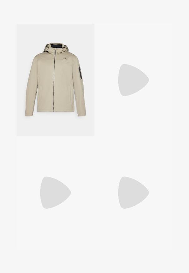 Beige jacket with a zippered front, attached hood, and side pockets. Features a zippered arm pocket and subtle logo detail on the chest.; Black short-sleeve T-shirt made from lightweight fabric. Features a small white logo on the left chest and subtle shoulder accents.; The North Face HORIZON PANT - Outdoor trousers - black; Black trail running shoe with a textured upper, rubber sole, and reinforced toe cap. Features a padded collar and pull tab for easy wear.