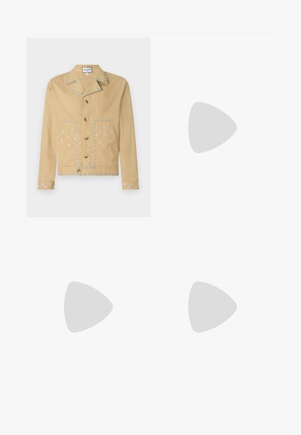 Tan cotton jacket with a notched collar, five buttons, and embroidered floral patterns in white and blue on pockets and sleeves.; Black cotton t-shirt with a crew neckline, short sleeves, and a small, tonal Armani Exchange logo on the chest. Simple, classic design.; Lightweight, cream-colored pants with an elastic waistband, straight leg design, and subtle texture. Features no visible pockets.; Black suede sneakers with white rubber soles, featuring a rounded toe and laces, worn with gray tailored pants.
