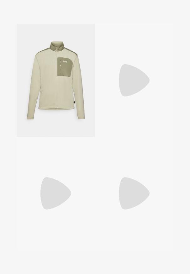 Chaqueta de forro polar en beige claro con un panel en verde en el hombro y un bolsillo en el pecho. Presenta un collar alto y un bolsillo con cremallera para un almacenamiento seguro.; Camiseta negra de manga corta hecha de tejido ligero. Presenta un pequeño logo blanco en el lado izquierdo del pecho y sutiles acentos en los hombros.; Pantalones deportivos negros hechos de un tejido ligero, con una cinturilla ajustable, bolsillos laterales y puños ajustados en los tobillos.; Zapatilla de trail running negra con parte superior texturizada, lazadas elásticas y suela Contagrip. Presenta un ajuste ceñido y una puntera protectora.