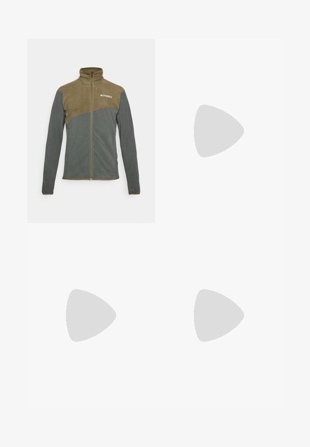 Fleecejakke med høj krave, med et tofarvet design i olivengrøn og mørkegrå. Lynlås foran og logo på øverste venstre side.; Sort t-shirt med korte ærmer lavet af letvægtsstof. Har et lille hvidt logo på venstre bryst og diskrete skuldrelementer.; The North Face HORIZON PANT - Outdoorbukser - black; Sort trail løbesko med en struktureret overdel, gummisål og forstærket tåhætte. Har en polstret krave og en pull-tab til nem påtagning.