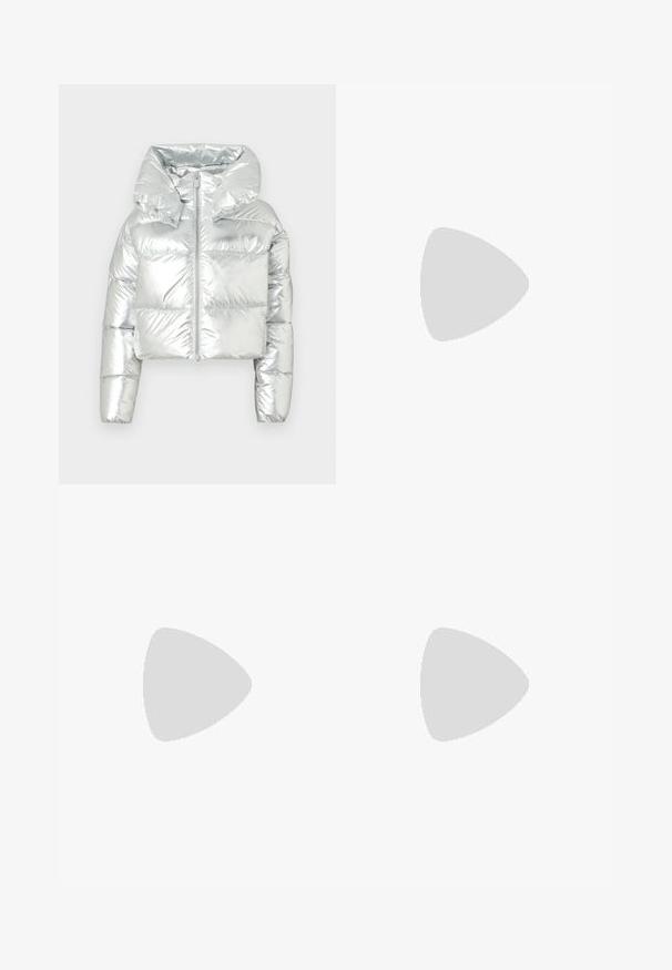 Silver metallic puffer jacket with a cropped design, oversized hood, zip closure, and quilted texture; features elasticated cuffs.; White cotton t-shirt features a round neck, short sleeves, and a small black "Calvin Klein" logo on the chest. Simple design, no patterns.; Black wide-leg trousers with a smooth texture, featuring an elastic waistband labeled "Calvin Klein" in white text. Minimalist design.; Black heeled sandals with a slender strap design, square toe, and a mid-height block heel. Made from smooth leather with a matte finish.