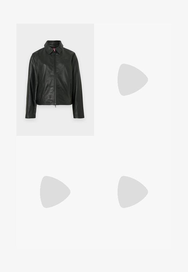 Melns ādas žakete ar klasisku apkakli, rāvējslēdzēju priekšpusē un divām sānu kabatām. Uz krūtīm ir smalki uzspiedots logotips. Gluda tekstūra.; Garais piedurkņu balts T-krekls, izgatavots no mīksta auduma, ar apaļu kakla izgriezumu un pieguļošu siluetu. Minimalistisks dizains bez rakstiem vai akcentiem.; Next Džinsa auduma šorti - camo print; Melnas futbola kurpes ar teksturētu ādas virsu, ar mīkstinātu priekšpusi, trīs baltām svītrām sānos un gumijas zoli.; Melna ādas austā plecu soma ar noapaļotu rokturi un pusmēness formas ķermeni uz vienota fona.