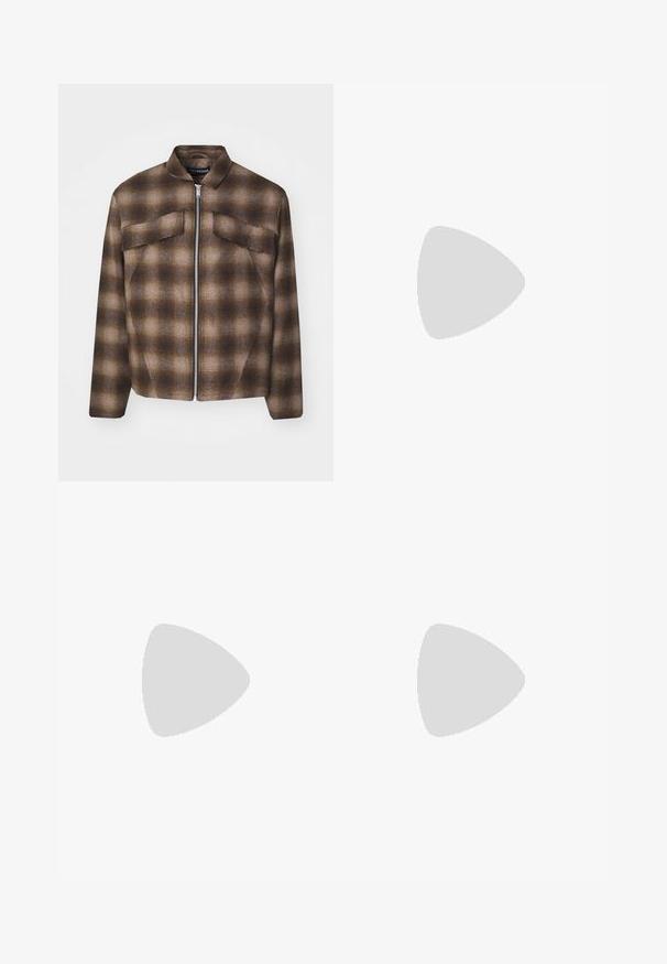 Han Kjøbenhavn PADDED CHECKED OVERSHIRT - Light jacket - dark brown; Black cotton t-shirt with a crew neck, short sleeves, and a relaxed fit. Simple design, smooth texture, and no visible patterns or logos.; Black flared trousers made of cotton blend fabric, featuring a button closure, belt loops, and a smooth texture with no visible patterns.; Running shoe in blue, green, and brown with mesh upper, lace toggle, and textured sole for grip. Features brand logo on the side.