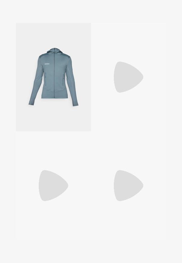 Hooded softshell jacket in light blue with a ribbed texture, featuring front zip pockets and contrasting seam stitching for added detail.; Navy blue cotton t-shirt featuring a large, colorful "Sportswear" graphic with geometric patterns and the letter "C" on the front.; Lightweight, gray athletic pants with black accents. Elastic waistband, drawstring closure, tapered leg design, and side pockets.; Black outdoor shoes with mesh and synthetic material, featuring a textured upper, secured lacing system, and a rugged outsole, on rocky terrain.; Black Columbia Titanium backpack with a smooth fabric texture, side pockets, top handle, and adjustable straps. Minimalist design with subtle branding.