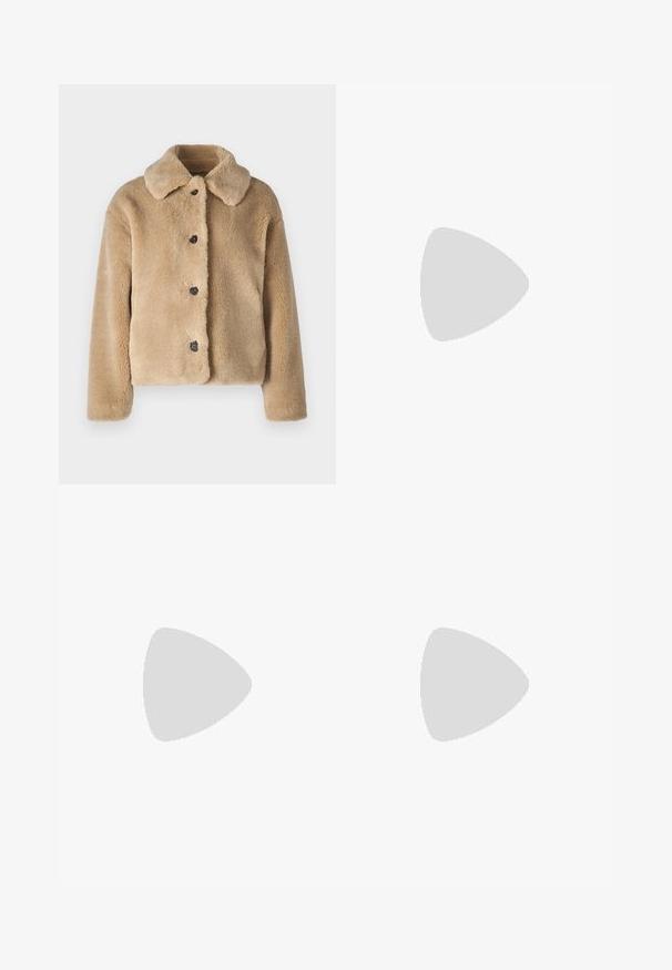 Faux fur jacket in light beige, featuring a collar, front button closure with black buttons, and long sleeves. Soft texture with a plush finish.; Two long-sleeved shirts: one black and one white. Both feature a crew neck, raglan sleeves, and a soft cotton blend fabric.; Wide-leg black trousers made of a smooth fabric, featuring front pockets and a button closure at the waist. Minimalist design with no patterns.; Black glossy ankle boot with thick lug sole and rounded toe, side view on plain light gray background.