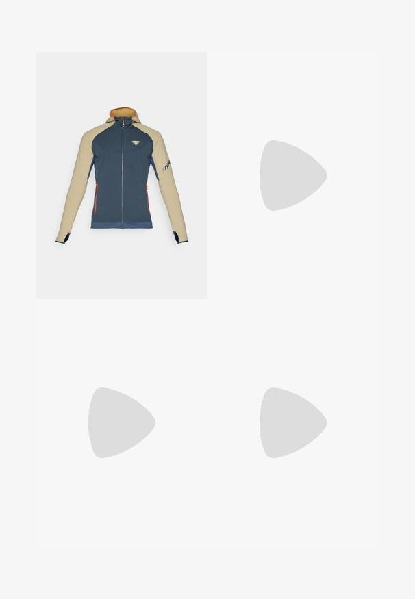 Blue and beige zip-up jacket with a hood, featuring orange accents, two side pockets, and a logo on the chest and sleeve.; Beige cotton t-shirt with short sleeves, crew neck, and a small black logo on the left chest area. Smooth texture, casual design.; Navy cargo pants in durable fabric, featuring a button closure, five pockets, and tapered legs with slight texture.; Black outdoor shoes with mesh and synthetic material, featuring a textured upper, secured lacing system, and a rugged outsole, on rocky terrain.