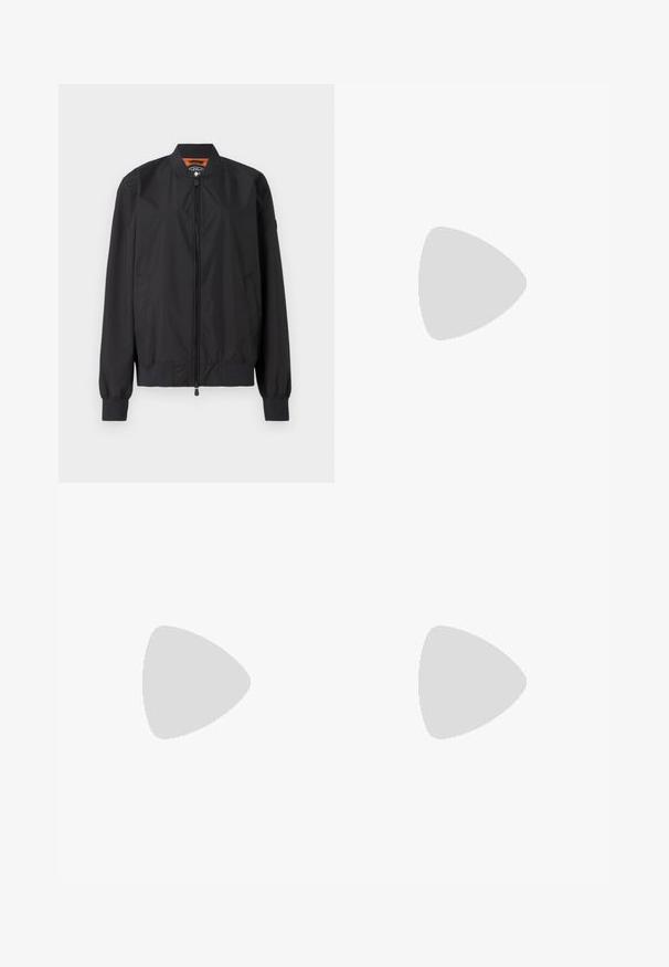 Black bomber jacket made of lightweight nylon, featuring a zip closure and ribbed cuffs. Smooth texture with side pockets and contrasting inner lining.; Black cotton t-shirt with short sleeves, crew neck, and small white "Calvin Klein" logo at the chest. Smooth texture, classic fit.; White wide-leg trousers made of lightweight fabric, featuring a smooth texture, clean lines, and a high waist design.; Black leather sneaker with a rounded toe, white platform sole, and black laces. Features a subtle logo on the heel and smooth texture.