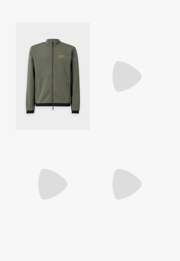 EA7 Emporio Armani Viegla jaka - beetle; Balts kokvilnas T-krekls ar V-veida kakla izgriezumu, īsām piedurknēm, ar melnu EA7 logotipu kreisajā krūtī. Gluda tekstūra, vienkāršs dizains.; Pelēki kravas bikses ar elastīgu jostu un auklu, vairākām sānu kabatām un taisnas kājas dizainu. Izgatavotas no viegla auduma.; Baltas ādas sneakers ar gludu virsmu, apaļu pirkstu daļu, plakaniem šņorēm un teksturētu zoli. Satur diskrētu logotipu uz papēža.; Melna teksta jostas soma ar izliekumu, kurai ir rāvējslēdzēja galvenā daļa un priekšējā kabata, ar iegrieztu zīmola etiķeti priekšpusē.