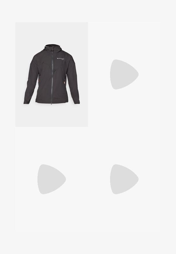 Schwarze Jacke mit Reißverschluss vorne, Kapuze und Mesh-Akzenten. Verfügt über ein diagonales Nahtdesign und seitliche Reißverschlusstaschen zur Aufbewahrung. Leichtes Material.; Weißes Langarmhemd aus strukturiertem Stoff mit einer beigen aufgesetzten Tasche, die einen Kordelzug und ein Logo trägt.; The North Face EXPLORATION CARGO PANTS - Outdoor-Hose - khaki stone; Schwarze Wanderschuhe mit einem strukturierten Obermaterial aus Stoff, Schnürsystem und robuster Gummisohle. Akzentuiert mit reflektierenden Details und Logos.
