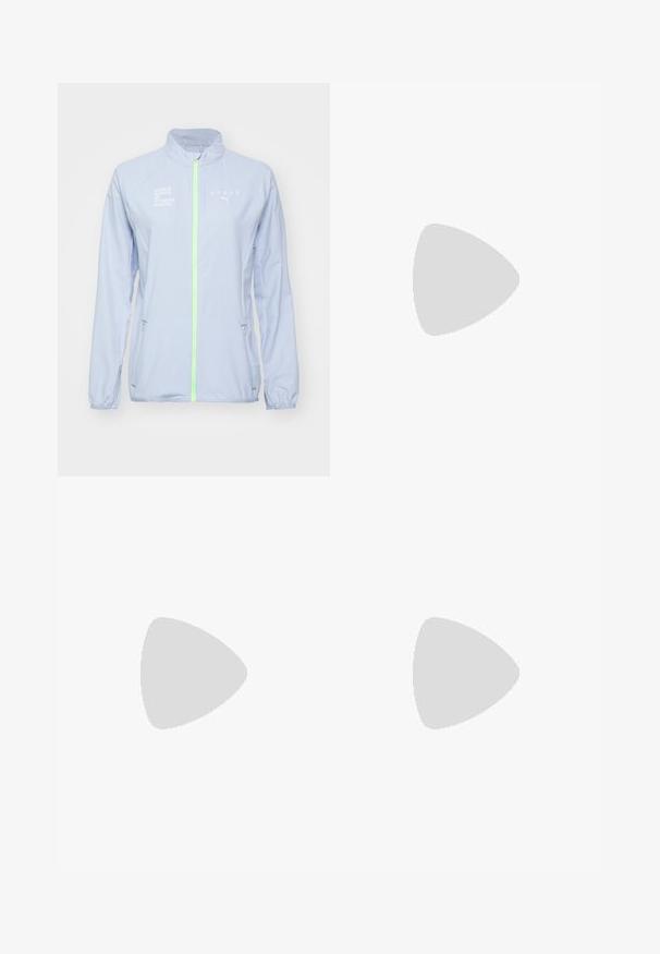 Veste de sport bleu clair avec un col montant, zip vert fluo, détails réfléchissants et texte blanc portant les mentions "HYROX" et "WORLD SERIES OF FITNESS RACING".; T-shirt blanc à manches courtes en tissu doux, avec un col rond et une coupe décontractée, dotée d'accents d'épaules lisses et sans couture.; Leggings noirs en tissu extensible, avec une taille haute et un logo blanc imprimé sur le bas de la jambe gauche. Texture lisse.; Chaussure de sport blanche avec un dessus en tricot texturé, une semelle intermédiaire blanche lisse et une semelle extérieure en caoutchouc présentant un motif discret.