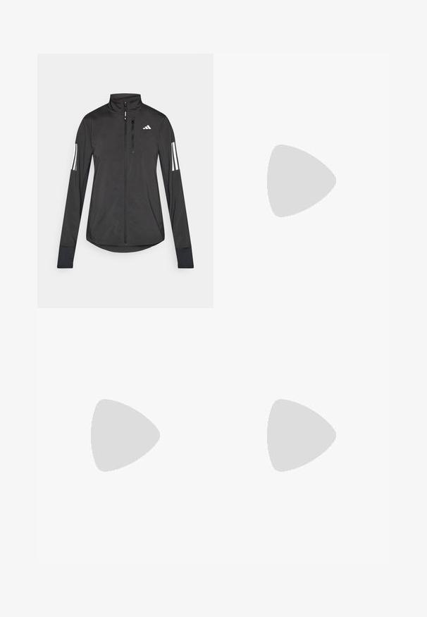 Svart idrottsjacka i lätt material. Har en framzipper, hög krage och tre vita ränder på varje ärm.; Kortärmad atletisk t-shirt, mörkgrå med perforerad textur. Har en vit logotyp och kontrasterande sidostripes. Rundad halsringning.; Svarta träningsshorts med elastisk midja, sidfickor och vita randkonturer på sidorna. Tillverkade av lätt material.; Svart löparskor med ett andningsbart mesh-övre, rund tå, elegant design, texturerade accenter och en dämpad sula för komfort.