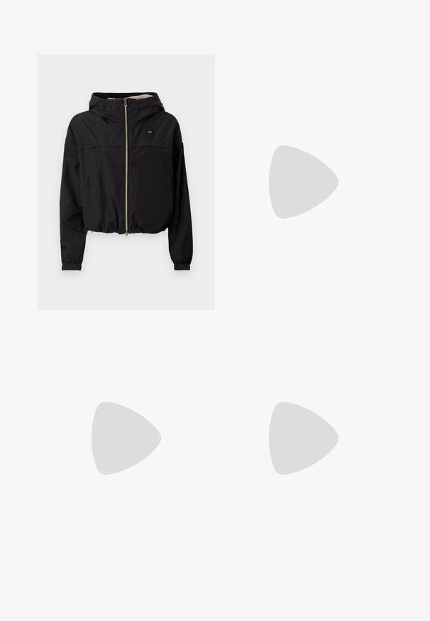 Jachetă neagră croppată cu glugă, cu fermoar frontal, manșete elastice și o căptușeală texturată vizibilă la guler. Design minimalist.; Tricou alb cu mânecă scurtă, cu dungi orizontale bleumarin, având logo-ul brodat "Tommy Hilfiger" pe piept. Design clasic cu gât rotund.; Fustă plisată albă cu un brâu elastic negru, având logo-ul "LACOSTE". Design de lungime medie, cu textură moale.; Adidași din piele albă cu o talpă groasă albă, accent de călcâi din suede negru și logo embosat pe lateral. Design cu șireturi și șase orificii.