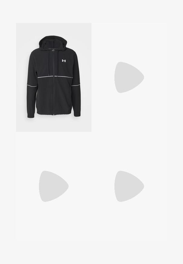 Melnā kapucēta jaka ar rāvējslēdzējiem, izgatavota no gludas auduma, ar baltu joslu pāri krūtīm, kapuci un elastīgām aprocēm. Uz priekšpuses redzama Under Armour logo.; Baltas īsajiem piedurknēm sporta krekls, izgatavots no gludas auduma. Tam ir apaļa kakla izgriezums un pelēks logo uz kreisās krūtis, kā arī sānu šķēlumi apakšmalā.; Melni sporta šorti, kas izgatavoti no viegla auduma, ar elastīgu jostasvietu un balto logotipu kreisajā pusē.; Persona, kurš valkā melnus sporta apavus ar teksturētām sāniem un logo, kombinēti ar melnām zeķēm un īsām biksēm uz gaišas grīdas.