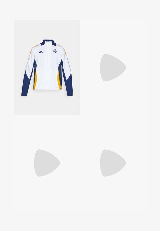 adidas Performance REAL MADRID PRESENTATION - Klubbklær - white/crew orange/navy blue; Hvit t-skjorte laget av bomull med rund hals, korte ermer, og svarte tre-stripe detaljer på skuldrene; har en liten svart logo.; Hvite treningsbukser laget av glatt stoff, med elastisk midje og tettsittende mansjetter, med en svart logo på baklommen.; Hvite joggesko med svarte striper, neongrønne detaljer og rød hæl. Har et lett design og teksturert såle for grep.
