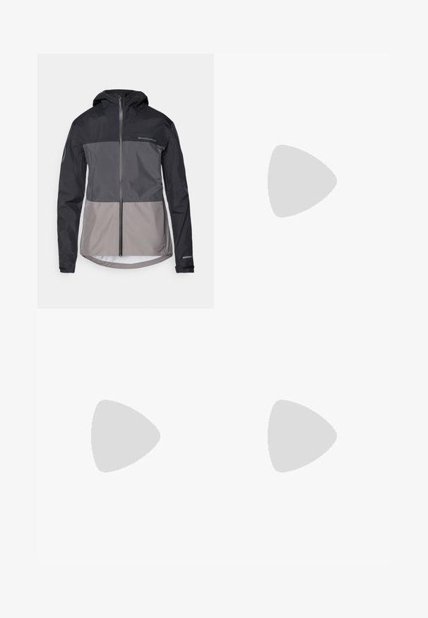 Veste à capuche pour hommes en blocs de couleur noire et grise, fabriquée en matériau léger avec une fermeture éclair avant et des poignets élastiques. Présente un logo.; T-shirt à manches courtes avec un design bicolore noir et blanc, d'une texture lisse et avec un logo EA7 sur le devant.; Shorts de sport noirs en tissu léger, avec une taille élastique et un logo circulaire doré dans le coin inférieur droit.; Baskets blanches avec des lacets noirs et des détails en maille. Dotées d'une tige en cuir lisse et d'une semelle en caoutchouc texturée. Associées à un jean gris à jambes larges.