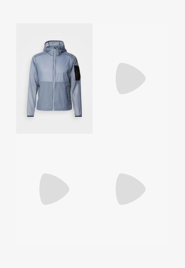 Light blue, lightweight jacket with a full zipper, adjustable hood, and black pocket on the left sleeve. Smooth texture and minimal design.; White polo shirt made of cotton, featuring a repeated blue dog pattern and a small blue logo on the chest. Short sleeves and collar.; Light cream, casual pants made of soft fabric. Features an elastic waistband with a drawstring, and tapered leg design.; White and light beige athletic sneaker, featuring a mesh upper, perforated detailing, and a textured midsole with branding on the heel.