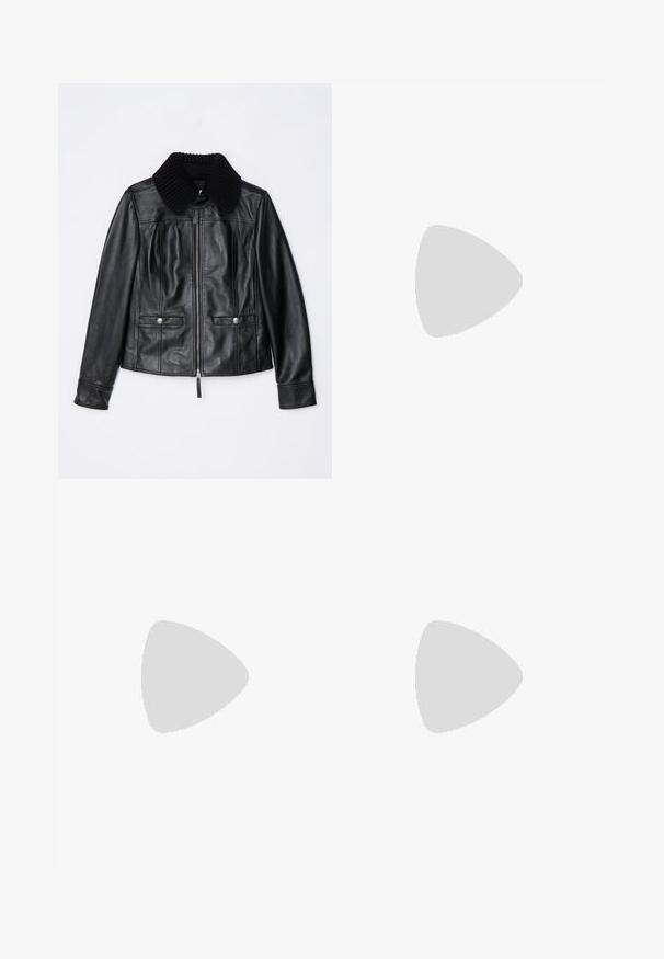 Black leather jacket with ribbed black collar, zip closure, two front pockets with snap buttons, and fitted silhouette. Smooth texture.; Brown, fuzzy cropped tank top with wide shoulder straps and a rounded neckline. Soft texture and simple design without patterns or embellishments.; Brown leather mini skirt featuring a sleek design, two zippered side pockets, and contrasting stitching along the edges.; Black, glossy knee-high boot with a ruched texture, pointed toe, and a low cone heel. Smooth material with subtle sheen.