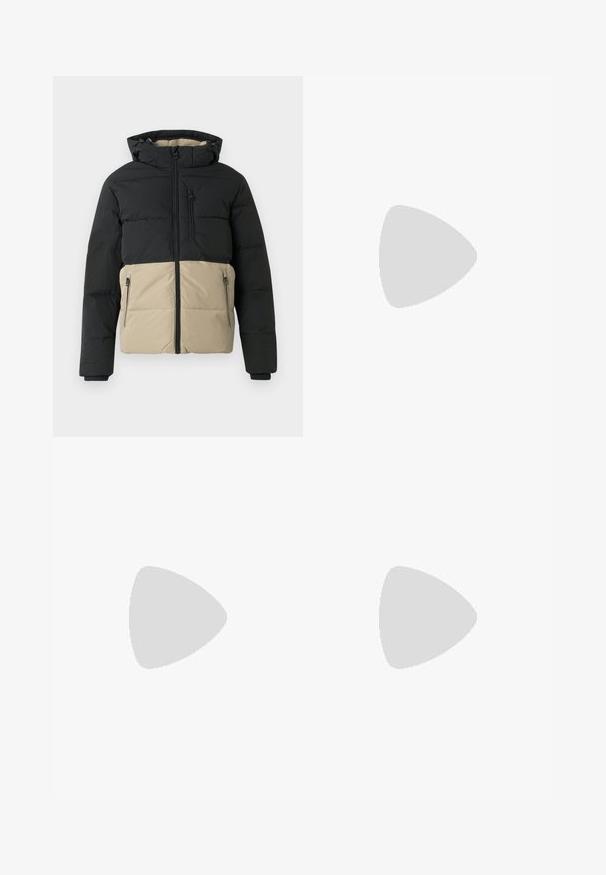 Puffer jacket with a black upper and beige lower section. Features a front zipper, zippered side pockets, and a hood. Textured fabric.; Gray cotton blend t-shirt with black Nike logo; features a small Nike label on the side hem; simple design, short sleeves.; Beige cargo pants in a lightweight cotton material. Features elastic cuffs, multiple side pockets, and a button closure.; White leather sneakers with perforations, round toe, flat sole, and thick laces, featuring a visible swoosh logo and "AIR" on the heel.